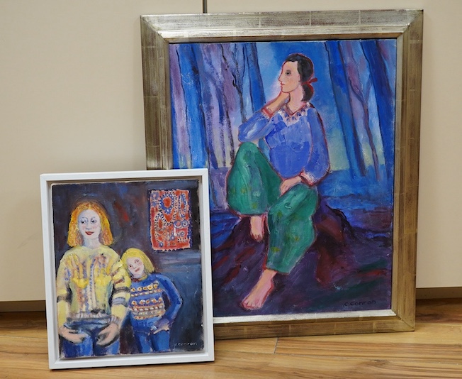 Caroline Conran (b.1939), two oils, 'Why do women always want too much?', signed, inscribed verso and Study of a seated woman, signed, 30 x 25cm. Condition - good